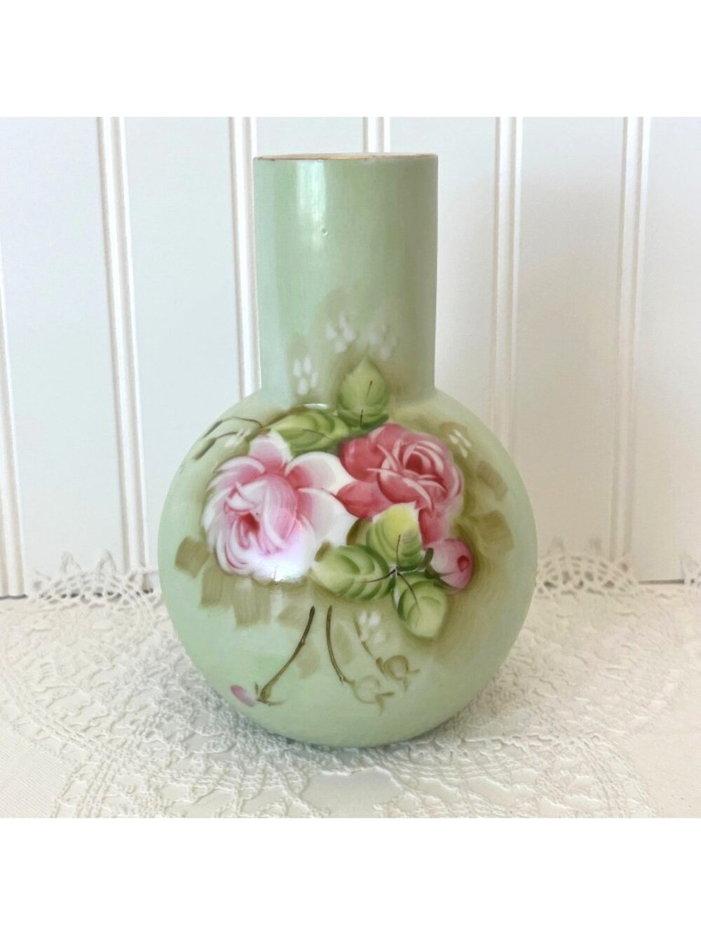 Hand Painted Lefton China Vase With Pink Roses Green Background Gold Trim 7" Vtg